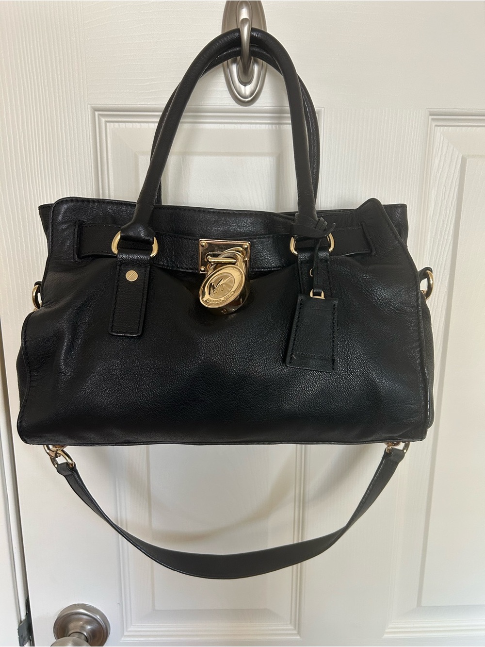 Michael Kors Hamilton Black Leather Satchel Handbag with Gold Hardware